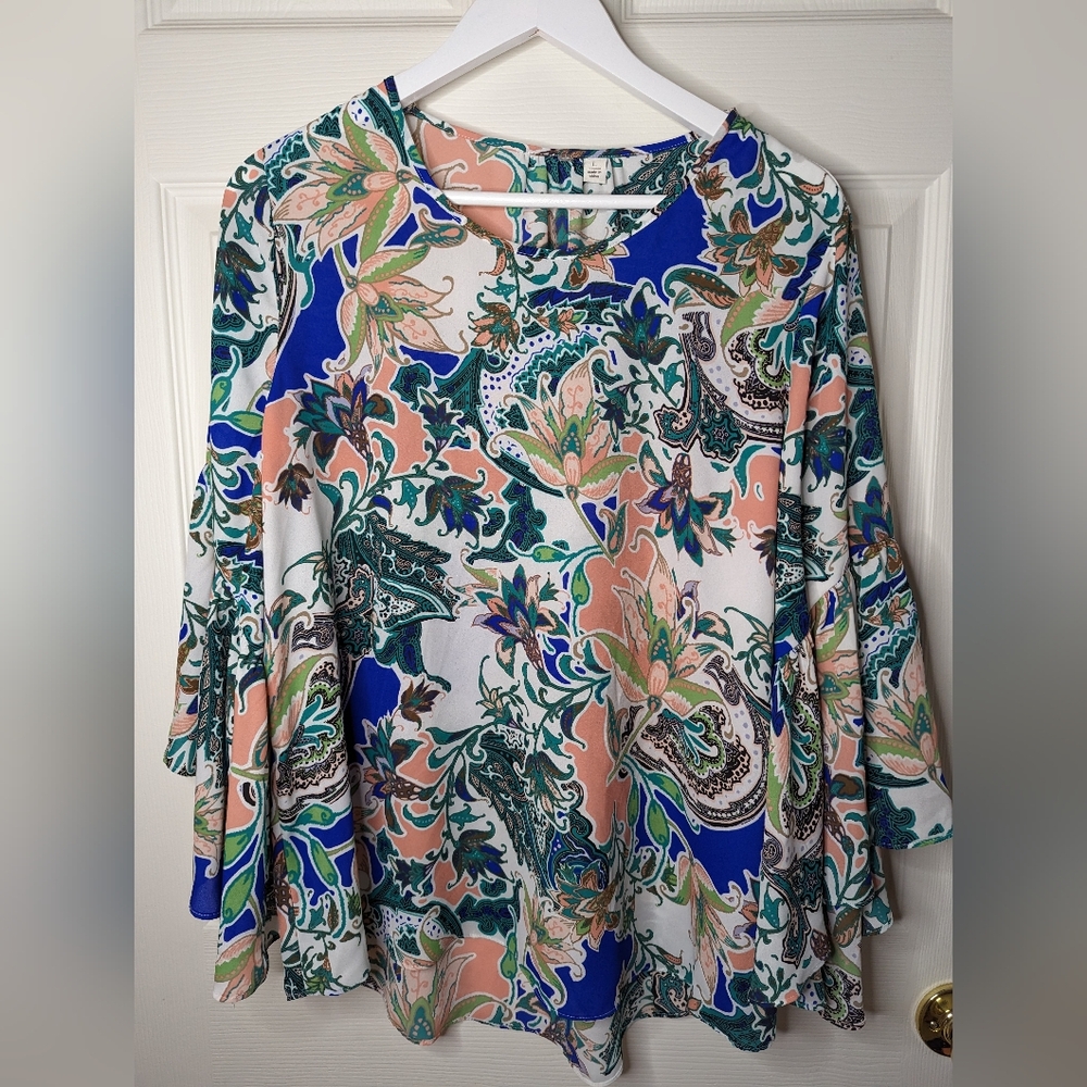 Floral Green, Blue And Peach paisley  blouse with flare sleeves size large